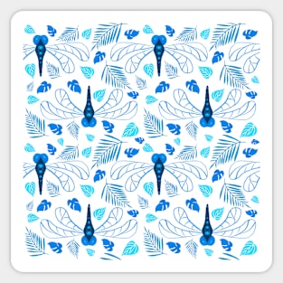 Bright Blue Dragonfly and Leaf Pattern on White Sticker